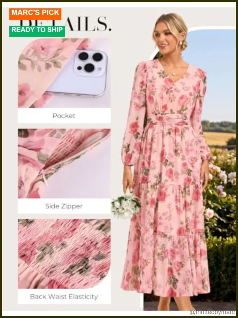 Floral Maxi Dress Long Sleeve V-Neck Fit and Flare with Pockets Wedding Guest